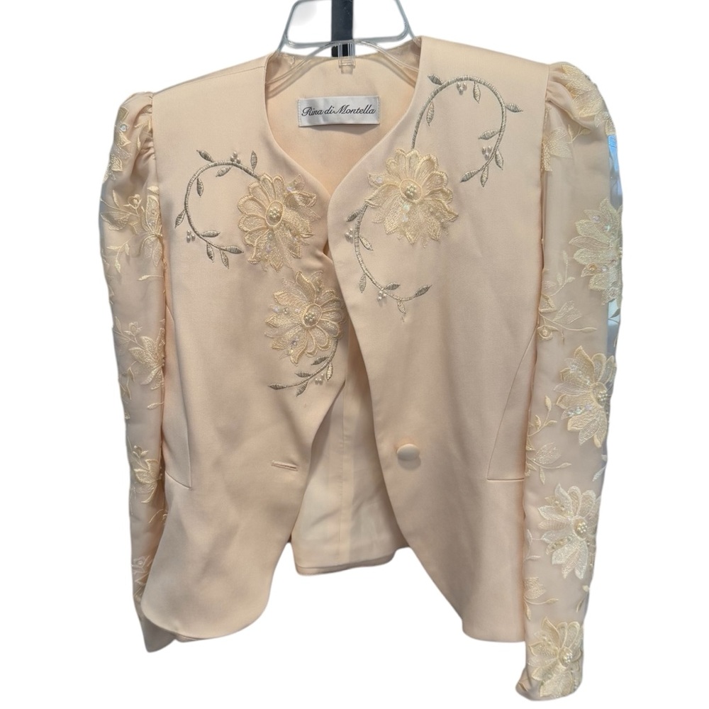 Rina DiMontella Two Piece Blazer and Skirt Set Cream Embroidered Floral, size 6